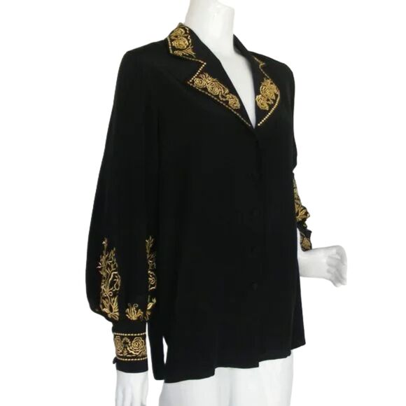 DIANE von FURSTENBERG Silk Blouse, XS, Black, Gold Embroidery, button front - Picture 3 of 10